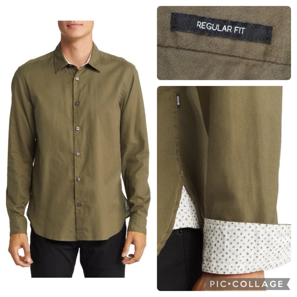 NWOT BOSS Liam Regular Fit Button-Up Shirt Contrast‎ Cuff - Olive Green, Medium